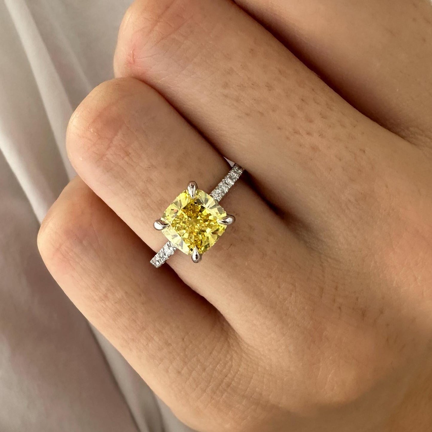 2.5CT Cushion Fancy Intense Yellow Lab Grown Diamond Pave Set Hidden Halo Engagement Ring