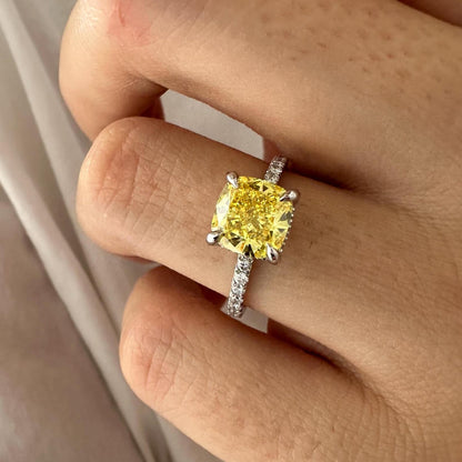 2.5CT Cushion Fancy Intense Yellow Lab Grown Diamond Pave Set Hidden Halo Engagement Ring