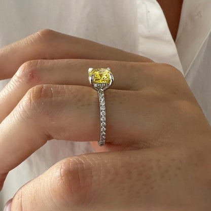 2.5CT Cushion Fancy Intense Yellow Lab Grown Diamond Pave Set Hidden Halo Engagement Ring