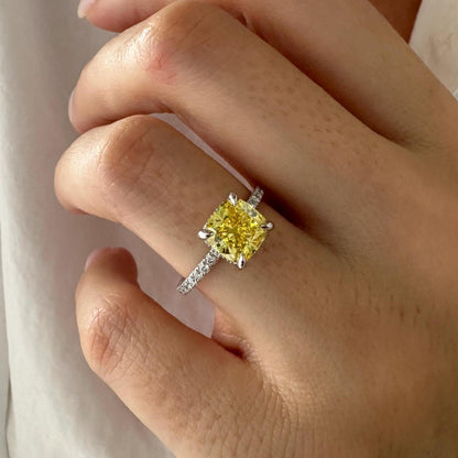 2.5CT Cushion Fancy Intense Yellow Lab Grown Diamond Pave Set Hidden Halo Engagement Ring