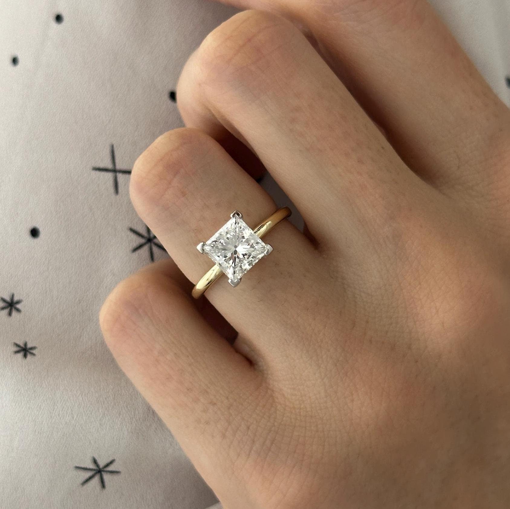 2.5 Carat Princess Cut Moissanite Diamond Two Tone V Prong Solitaire Engagement Ring