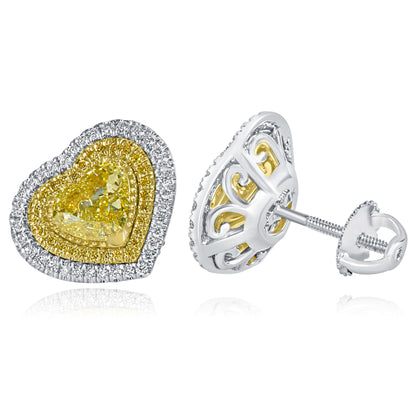 2.66CT Intense Yellow Heart Diamond Halo Screw Back Closure Stud Earrings