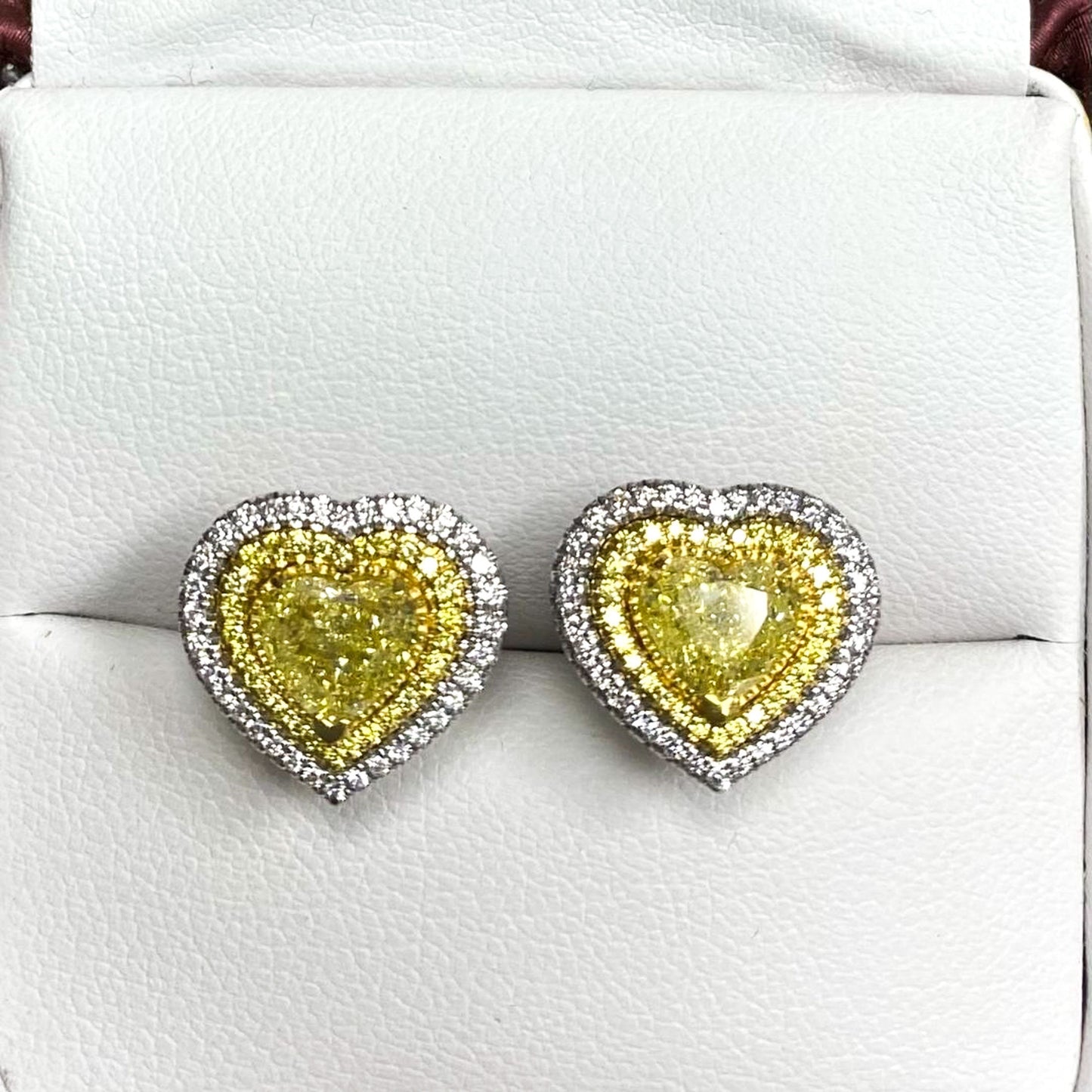 2.66CT Intense Yellow Heart Diamond Halo Screw Back Closure Stud Earrings