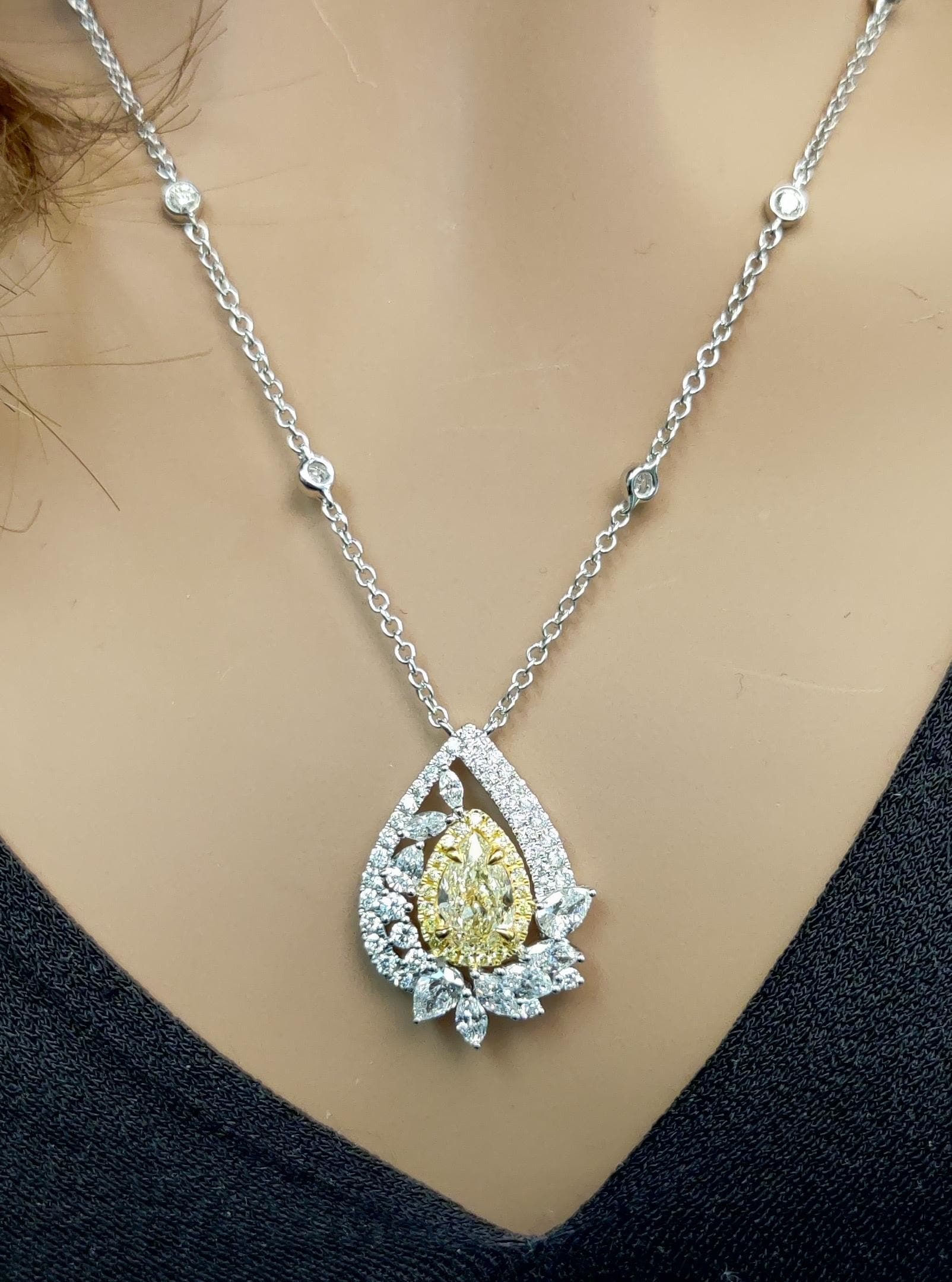 2.87TCW Intense Yellow Pear Cut Lab Grown Diamond Drop Halo Gem World's beautiful pendant