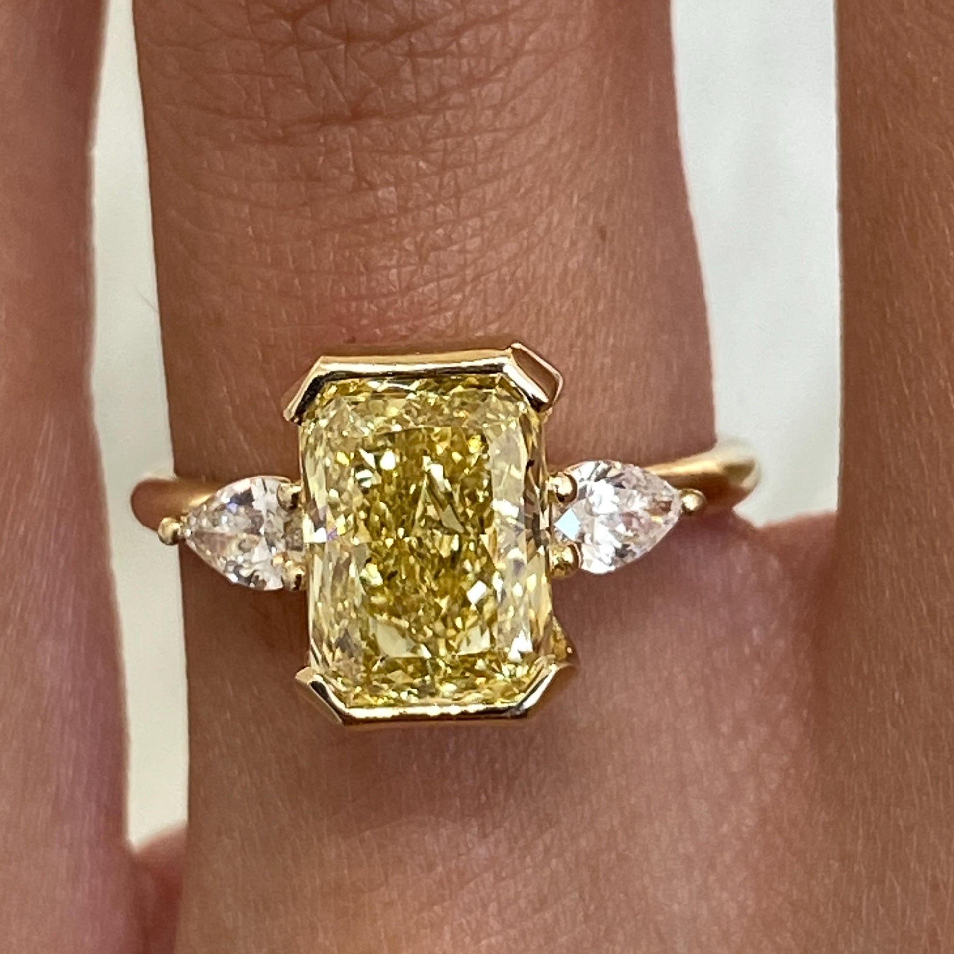 2.95TCW Vivid Yellow Radiant Cut Lab Grown Diamond 3 Stone Set Engagement Ring