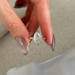 2 Carat Marquise Lab Grown Diamond Two Tone Solitaire Bezel Set Tapered Engagement Ring