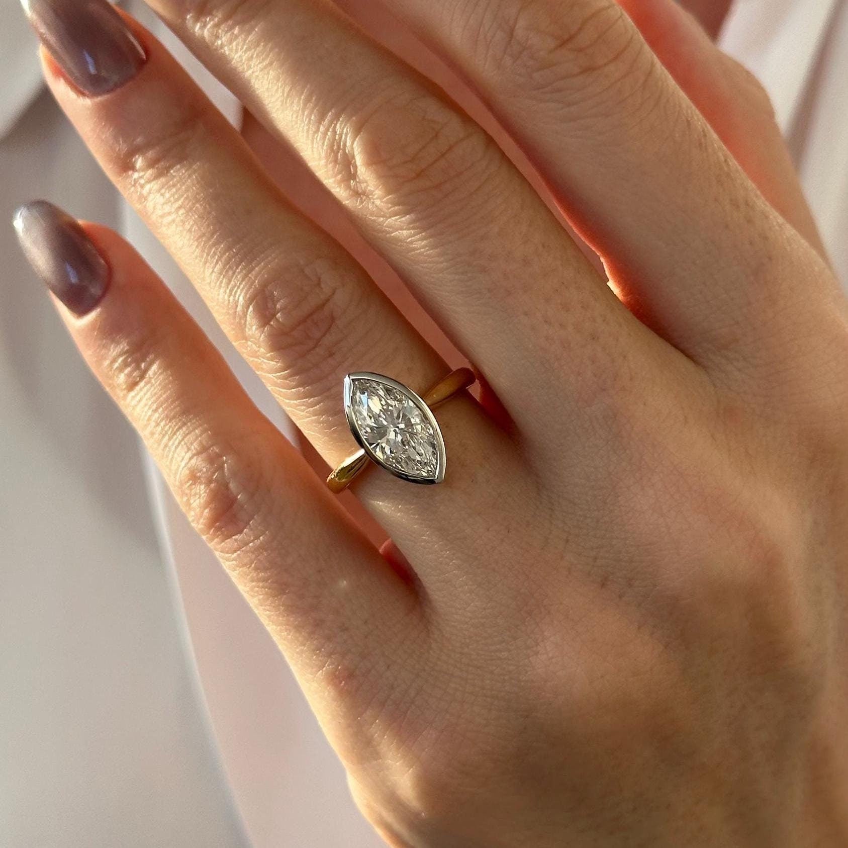 2 Carat Marquise Moissanite Diamond Two Tone Solitaire Bezel Set Tapered Engagement Ring