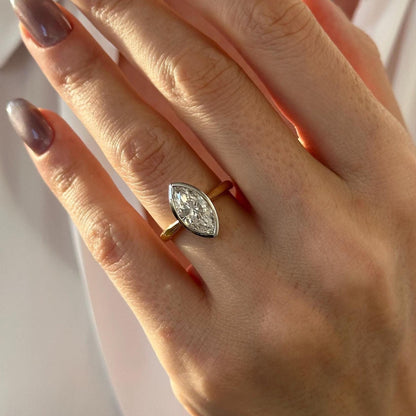 2 Carat Marquise Moissanite Diamond Two Tone Solitaire Bezel Set Tapered Engagement Ring