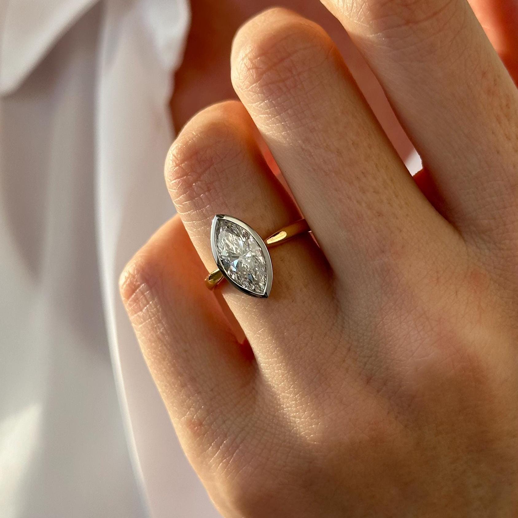 2 Carat Marquise Moissanite Diamond Two Tone Solitaire Bezel Set Tapered Engagement Ring