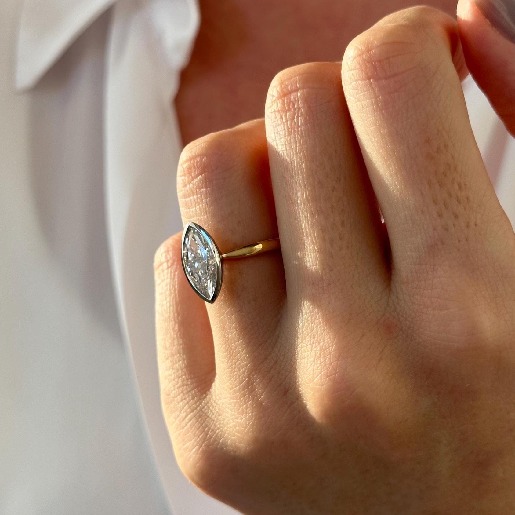 2 Carat Marquise Moissanite Diamond Two Tone Solitaire Bezel Set Tapered Engagement Ring
