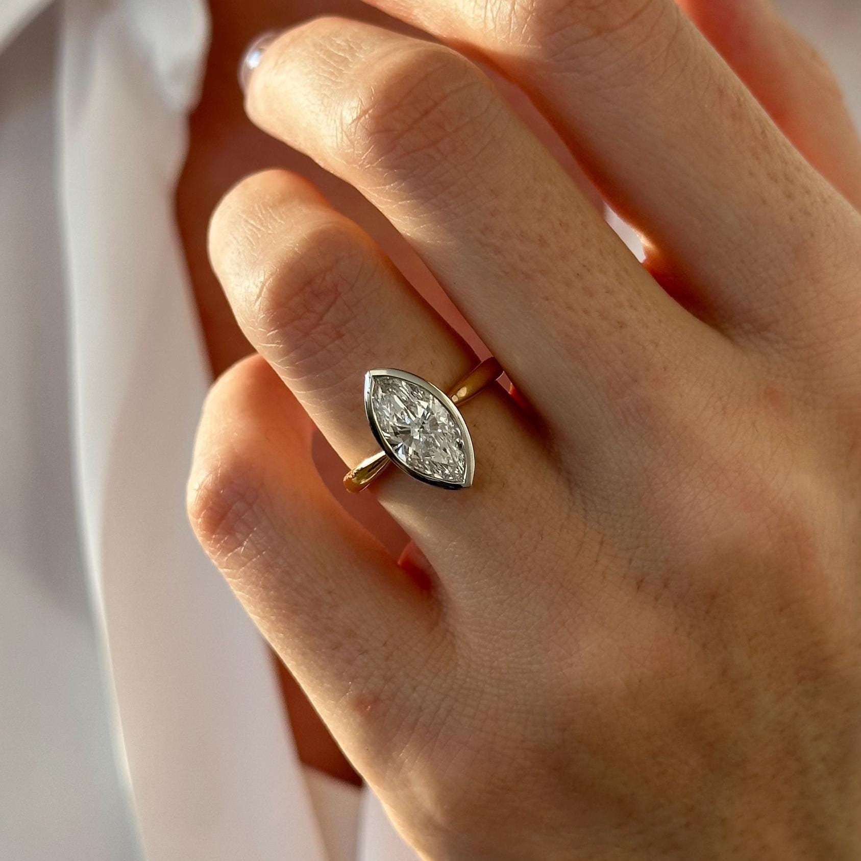 2 Carat Marquise Moissanite Diamond Two Tone Solitaire Bezel Set Tapered Engagement Ring