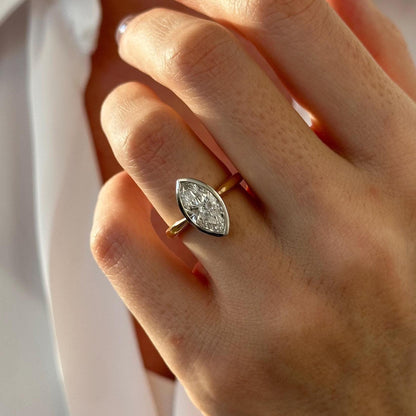 2 Carat Marquise Moissanite Diamond Two Tone Solitaire Bezel Set Tapered Engagement Ring