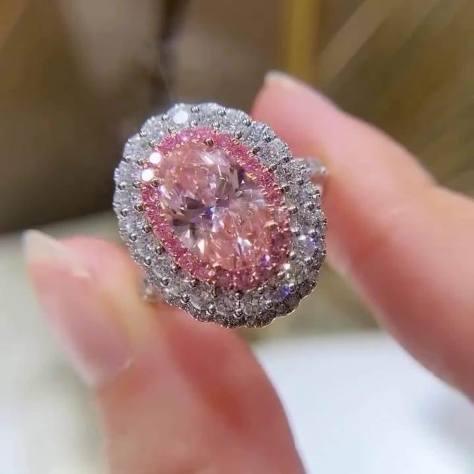 3.19TCW Oval Cut Intense Pink Lab Grown Diamond Pave Set Hidden Halo Engagement Ring