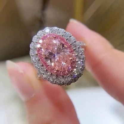 3.19TCW Oval Cut Intense Pink Lab Grown Diamond Pave Set Hidden Halo Engagement Ring