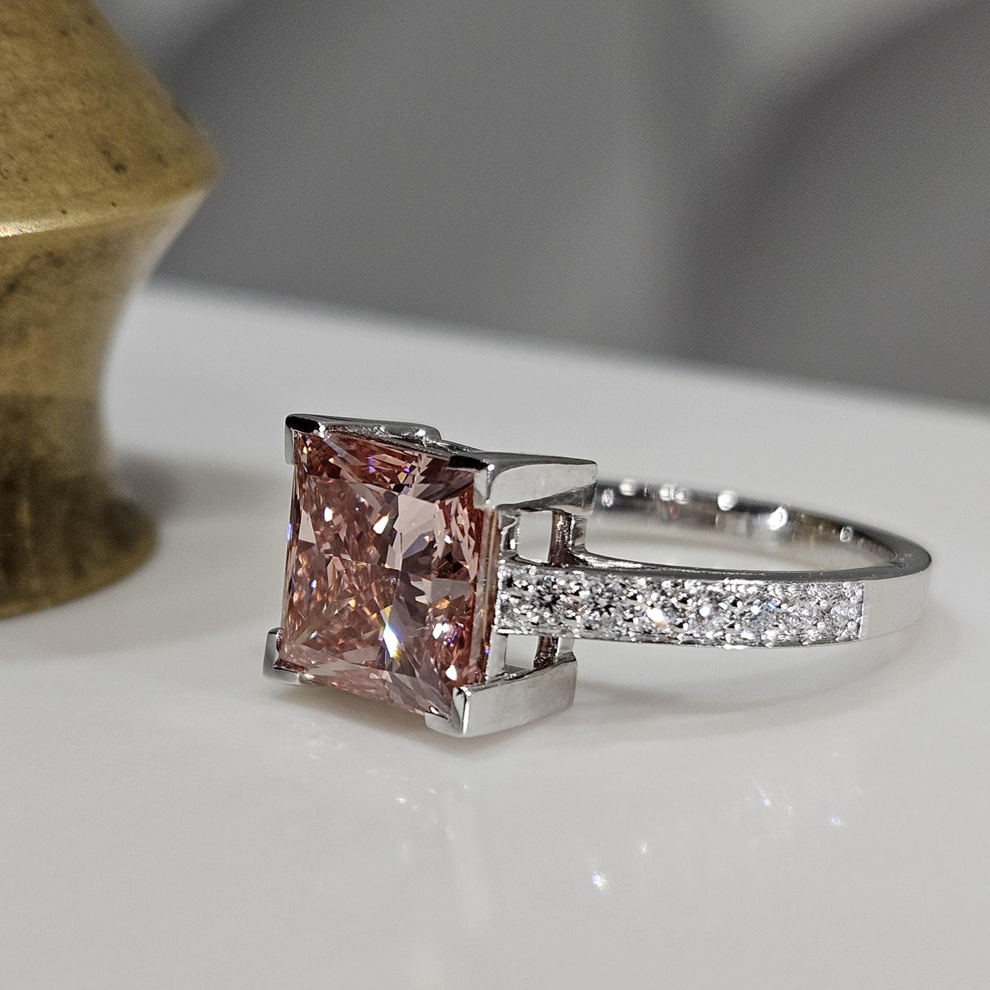 3.29 CT Princess Cut Pink Lab-Grown Diamond Halo anniversary Engagement Ring