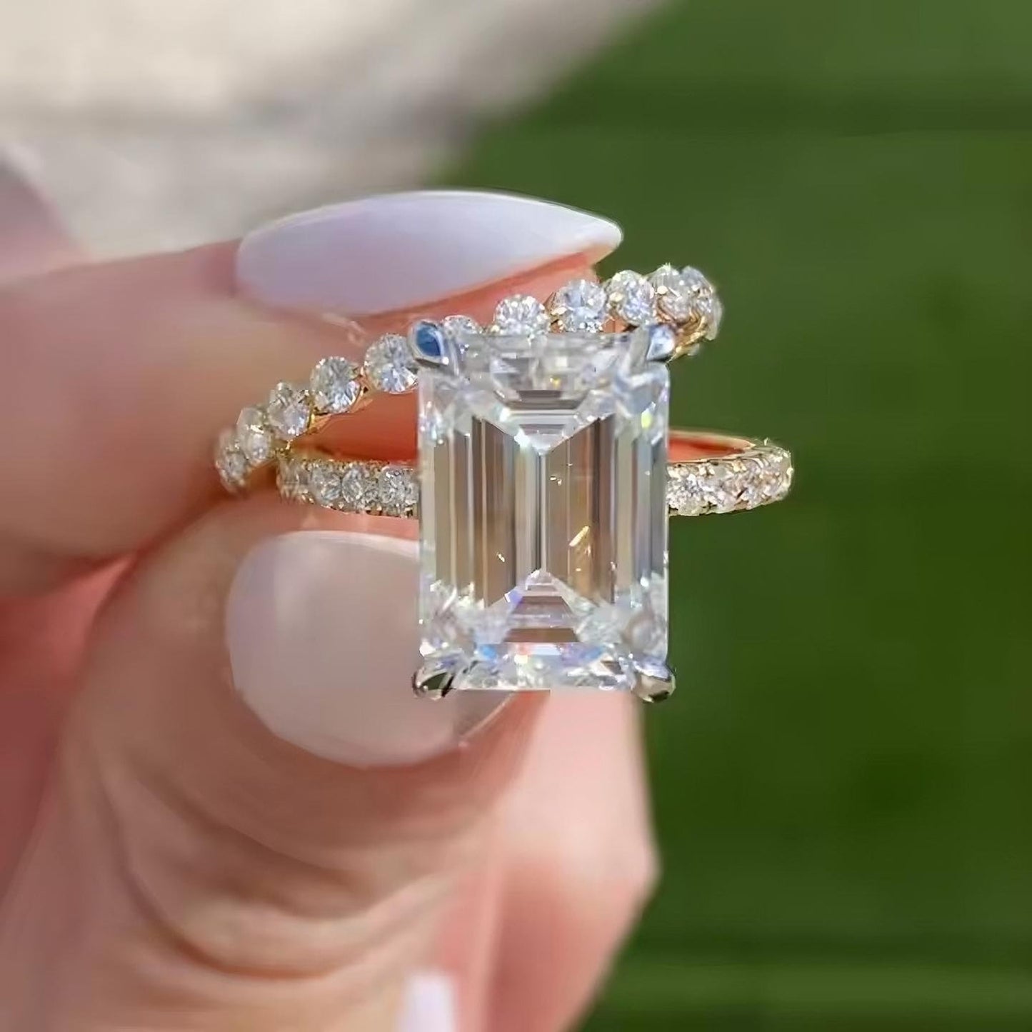 3.51 CT Emerald Cut Lab Grown Diamond Hidden Halo Bridal Set Engagement Ring