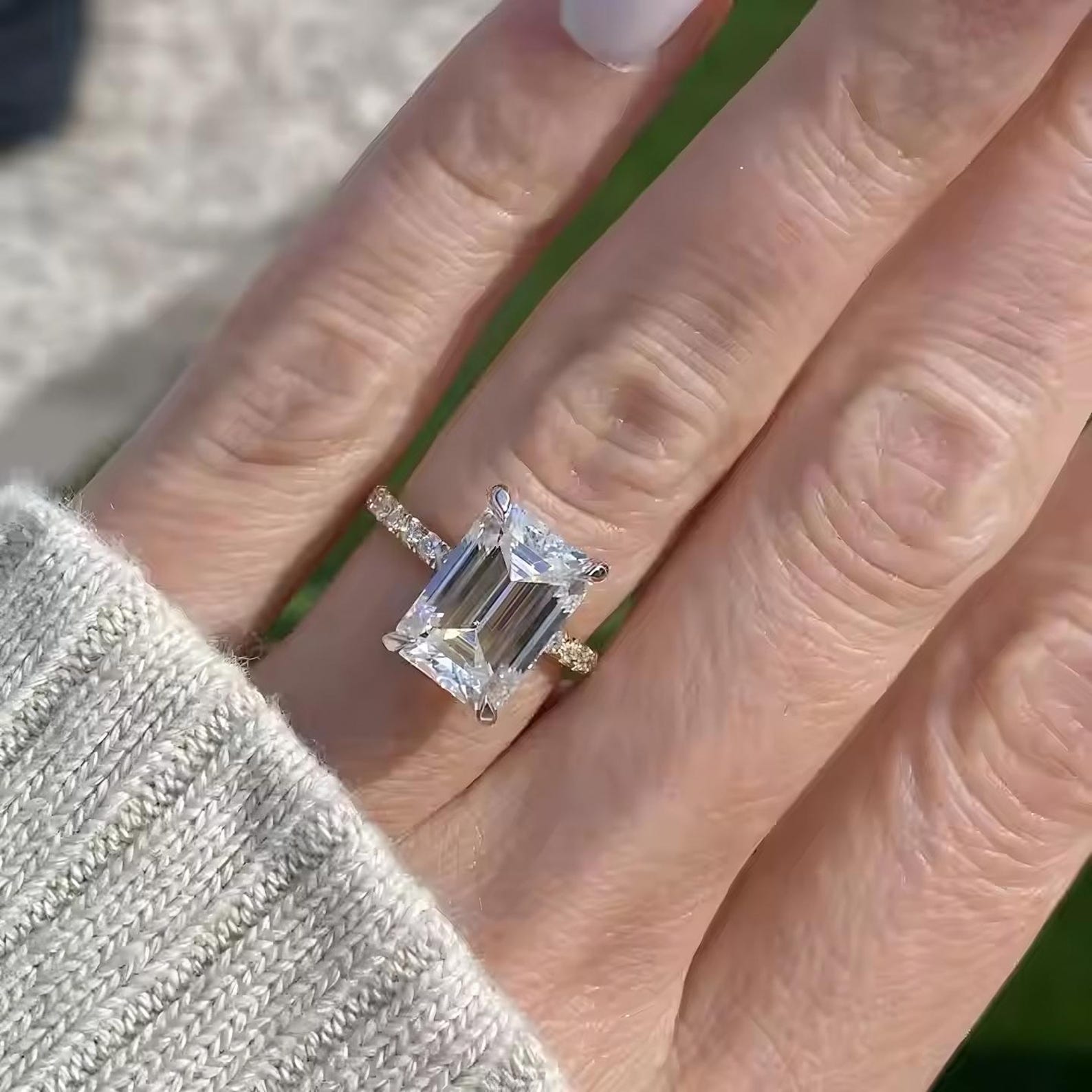 3.51 CT Emerald Cut Moissanite Diamond Hidden Halo Engagement Ring