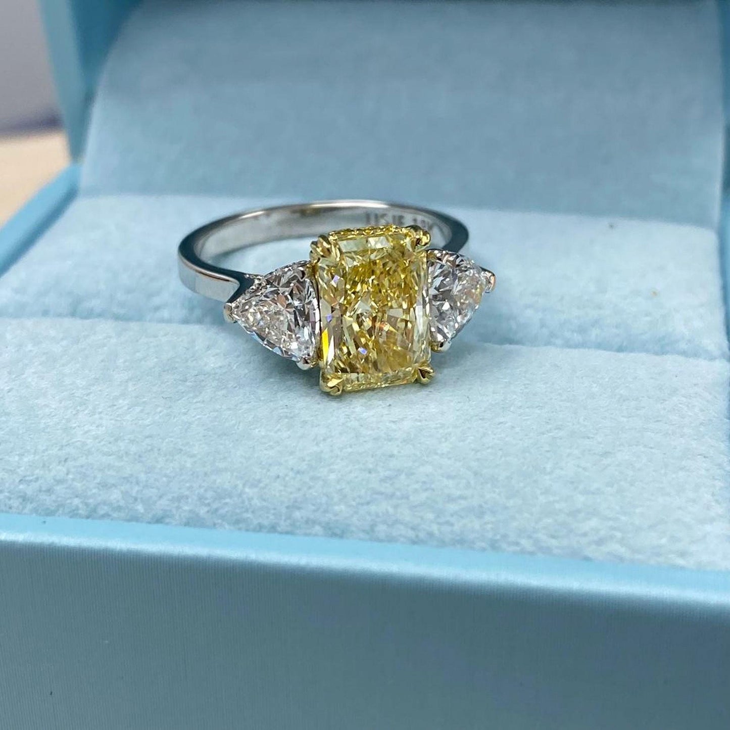 3.51TCW Radiant Cut Intense Yellow Lab Grown Diamond 3 Stone Engagement Ring