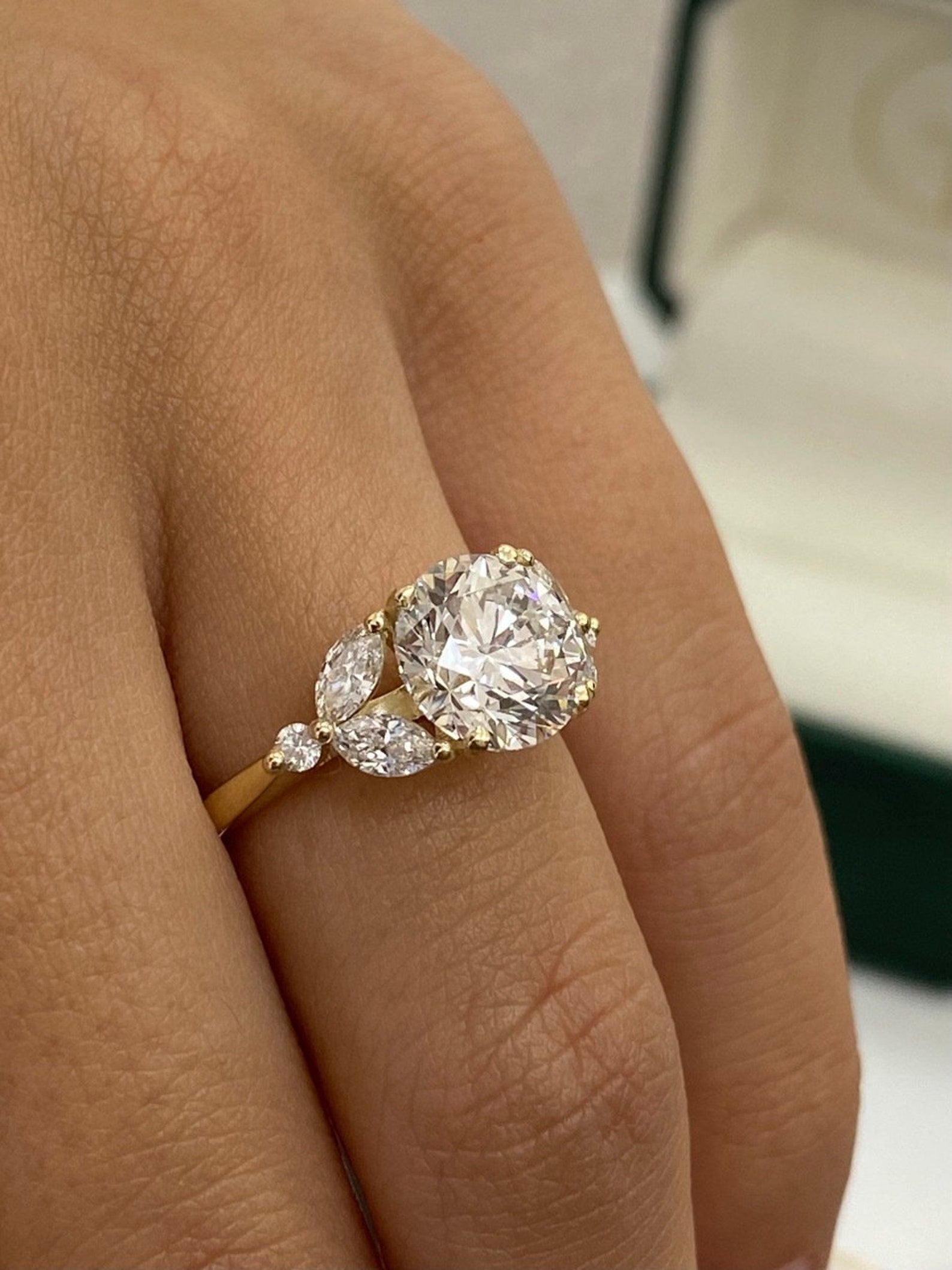 3.70CT Round & Marquise Cut Lab Grown Diamond Cluster Set Elegant Engagement Ring