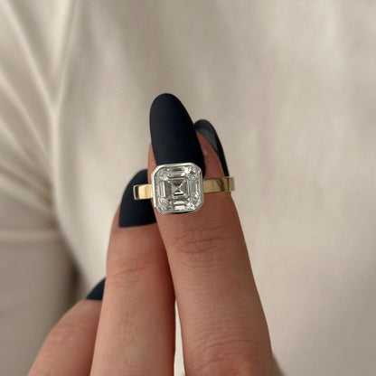 3CT Asscher Cut Moissanite Solitaire Cigar Band  Two Tone Flush Fit Engagement Ring