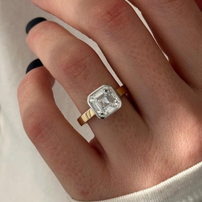 3CT Asscher Cut Moissanite Solitaire Cigar Band  Two Tone Flush Fit Engagement Ring