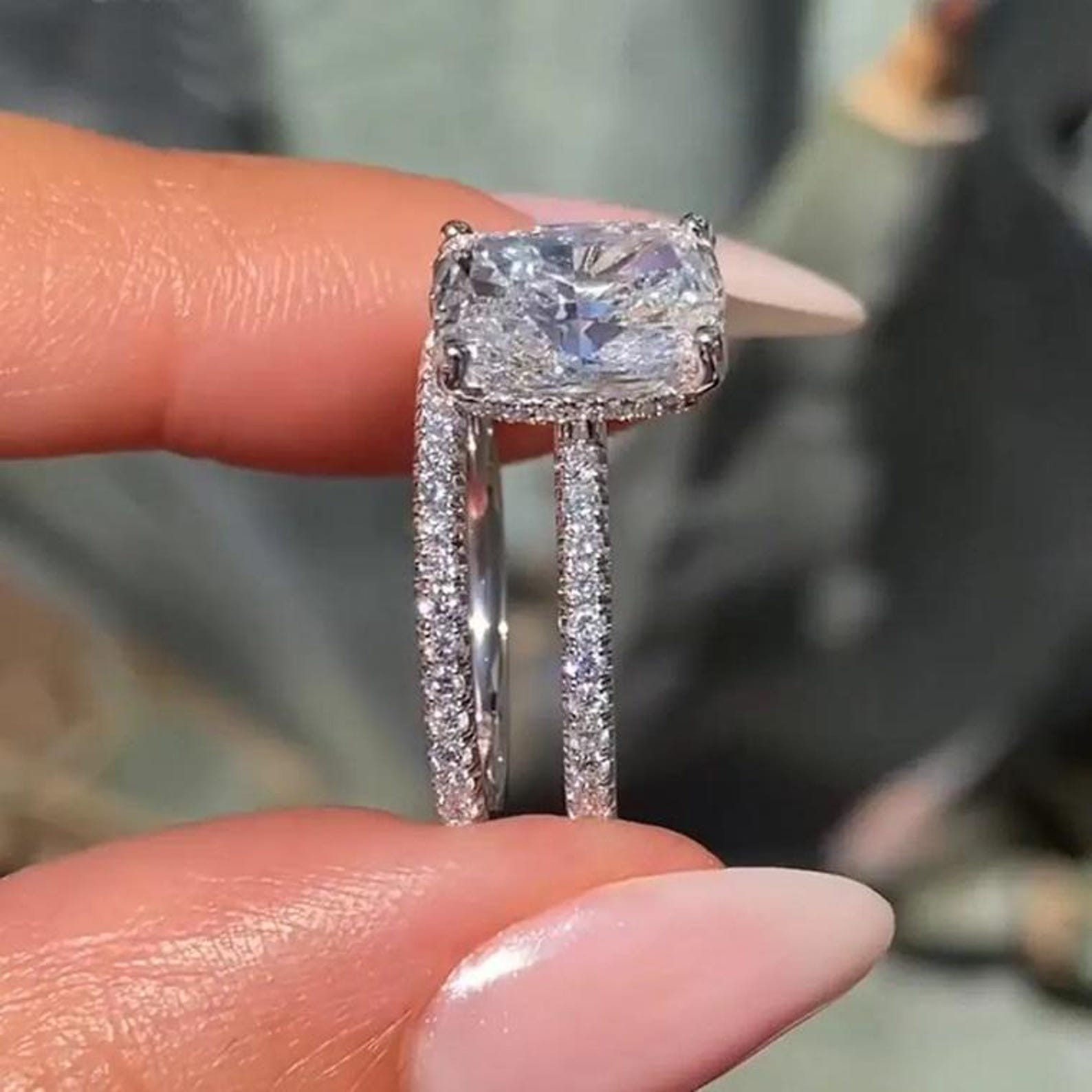 3.43CT Elongated Cushion Cut Moissanite Diamond Hidden Halo Engagement Ring