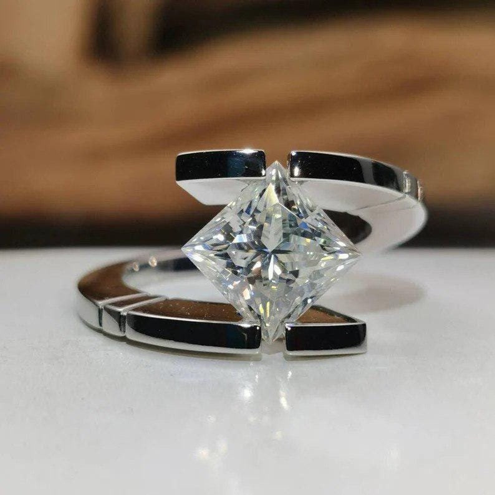 3CT Princess Cut Moissanite Floating Tension Set Design Engagement Ring For Woman