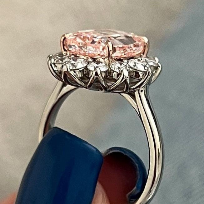 3CT Elongated Cushion Fancy Intense Pink Lab Grown Diamond Floral Engagement Ring