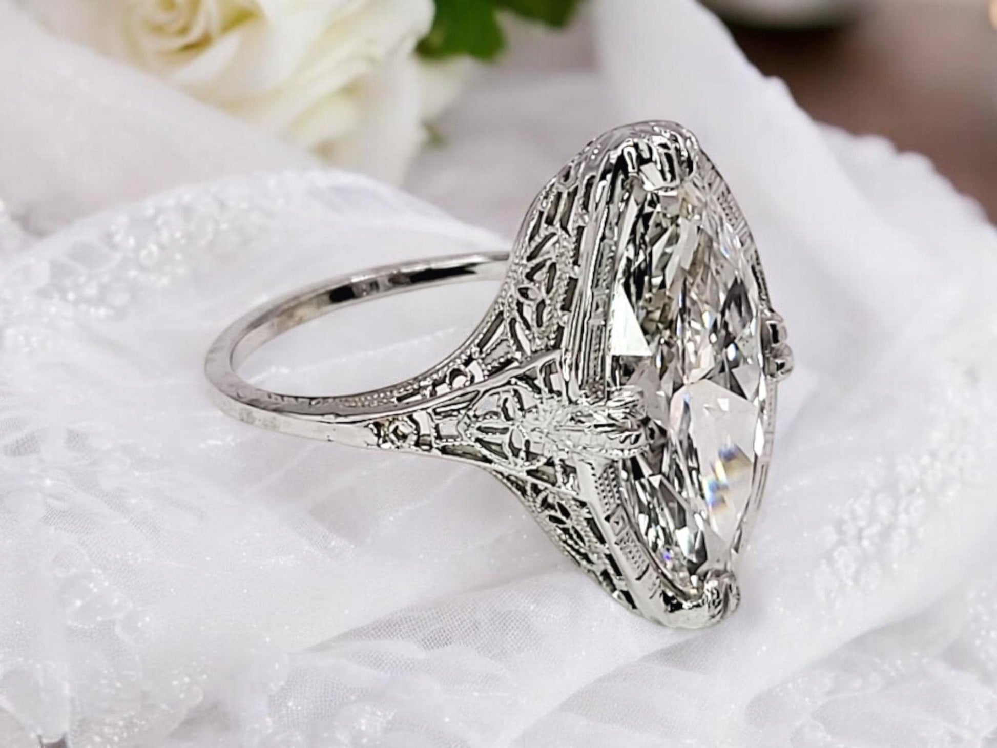 3CT Marquise Cut Moissanite Diamond Exquisite Edwardian Engagement Ring