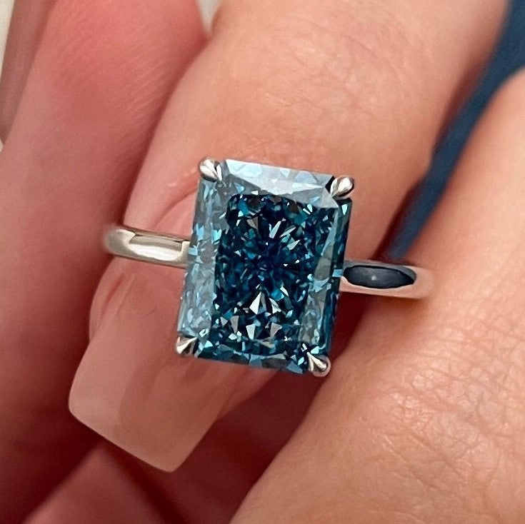 3CT Radiant Fancy Vivid Blue Lab Grown Diamond Unique Solitaire Engagement Ring