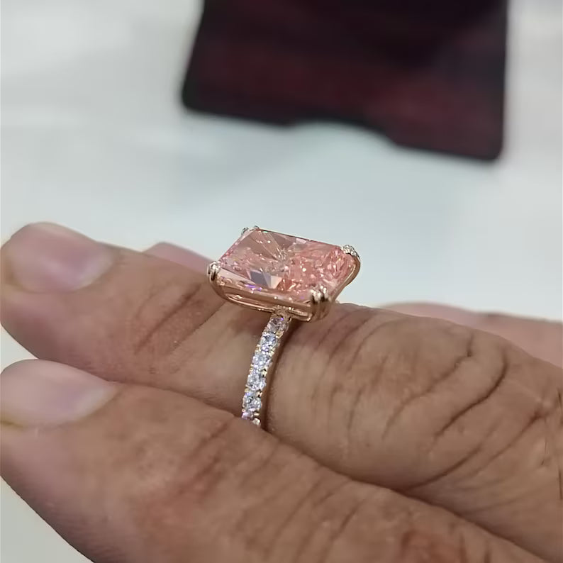 3 Carat Fancy Intense Pink Radiant Cut Lab Diamond Engagement Ring 14k Solid Yellow Gold Pave Set Women's Wedding Bridal Gifts