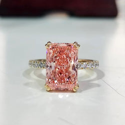 3 Carat Fancy Intense Pink Radiant Cut Lab Diamond Engagement Ring 14k Solid Yellow Gold Pave Set Women's Wedding Bridal Gifts