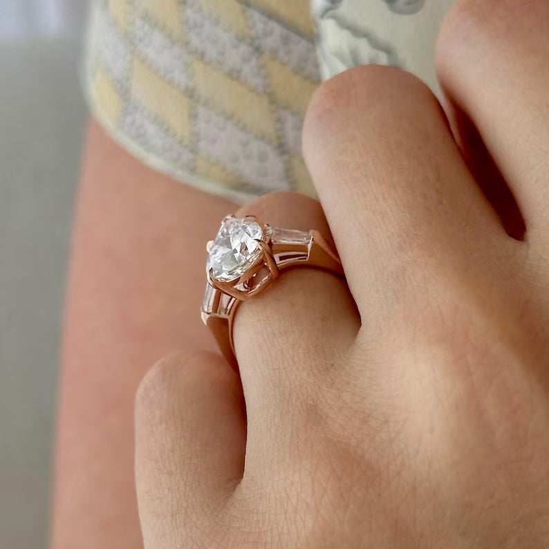 3 Carat solitaire Pear Cut Lab Grown Diamond Engagement Ring 14K Rose Gold Pear and Baguette Three Stone Wedding Anniversary Ring