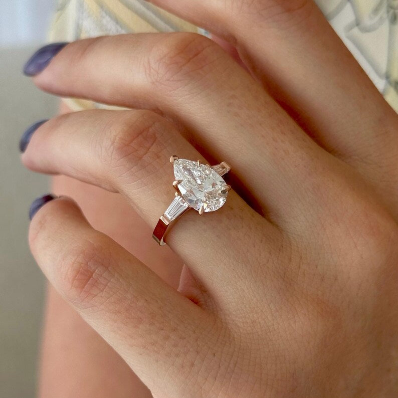 3 Carat solitaire Pear Cut Lab Grown Diamond Engagement Ring 14K Rose Gold Pear and Baguette Three Stone Wedding Anniversary Ring