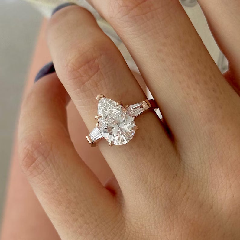3 Carat solitaire Pear Cut Lab Grown Diamond Engagement Ring 14K Rose Gold Pear and Baguette Three Stone Wedding Anniversary Ring