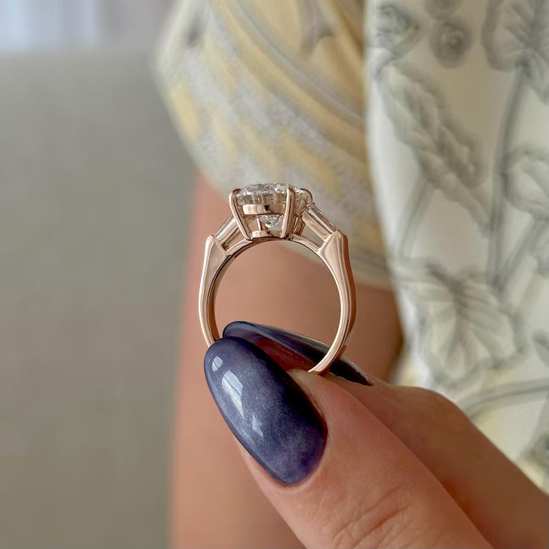 3 Carat solitaire Pear Cut Lab Grown Diamond Engagement Ring 14K Rose Gold Pear and Baguette Three Stone Wedding Anniversary Ring