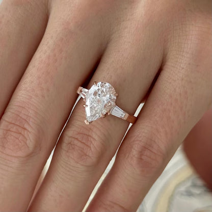 3 Carat solitaire Pear Cut Lab Grown Diamond Engagement Ring 14K Rose Gold Pear and Baguette Three Stone Wedding Anniversary Ring