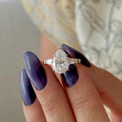 3 Carat solitaire Pear Cut Lab Grown Diamond Engagement Ring 14K Rose Gold Pear and Baguette Three Stone Wedding Anniversary Ring