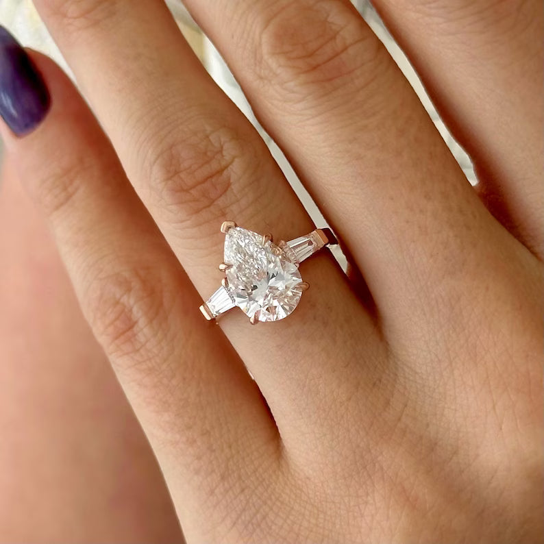 3 Carat solitaire Pear Cut Lab Grown Diamond Engagement Ring 14K Rose Gold Pear and Baguette Three Stone Wedding Anniversary Ring