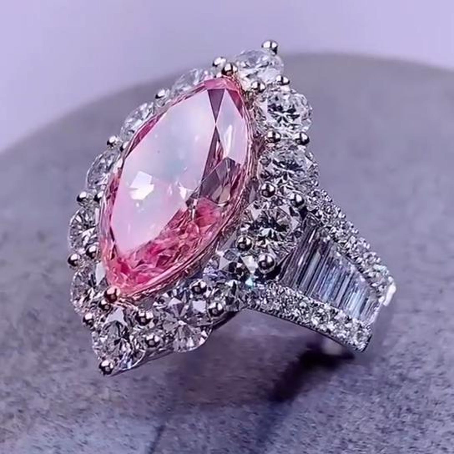 4.03TCW Marquise Cut Intense Pink  Lab Grown Diamond Halo Pave Engagement Ring