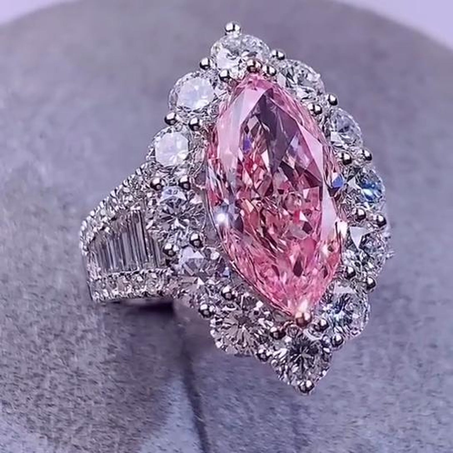 4.03TCW Marquise Cut Intense Pink  Lab Grown Diamond Halo Pave Engagement Ring