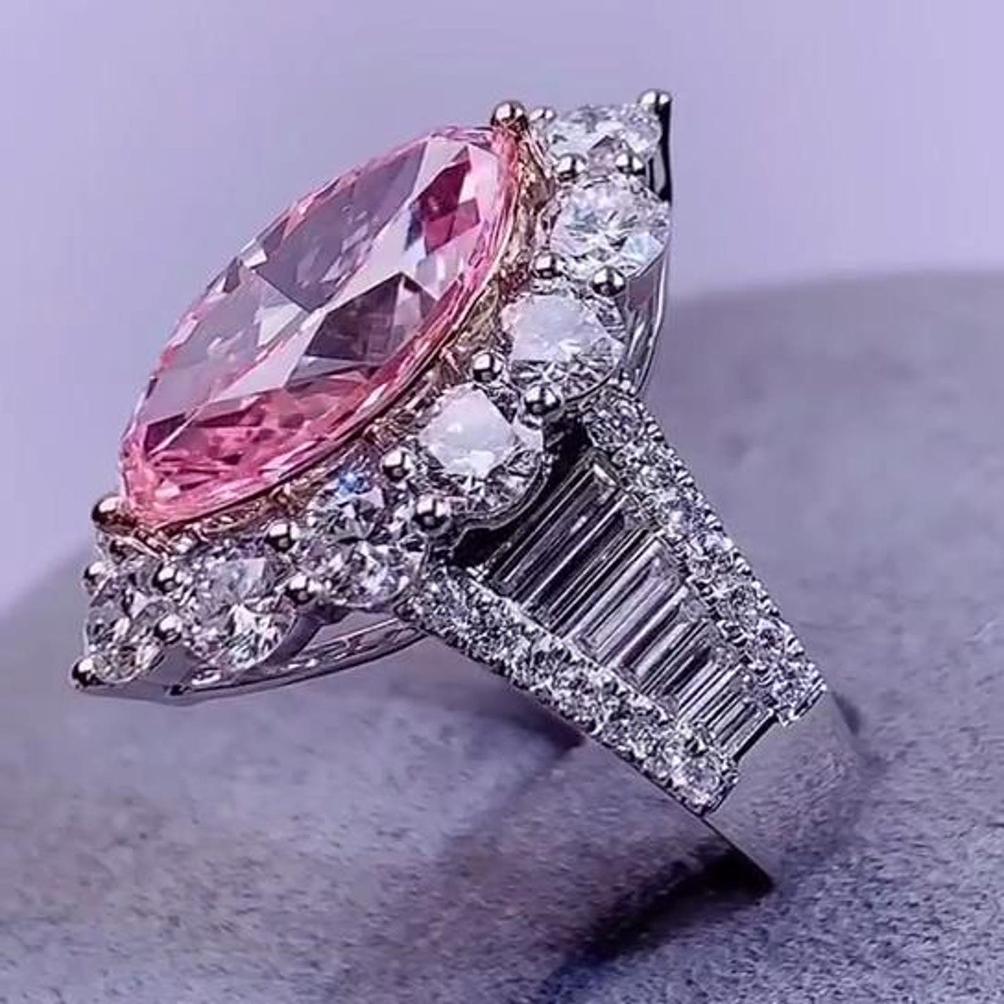 4.03TCW Marquise Cut Intense Pink  Lab Grown Diamond Halo Pave Engagement Ring