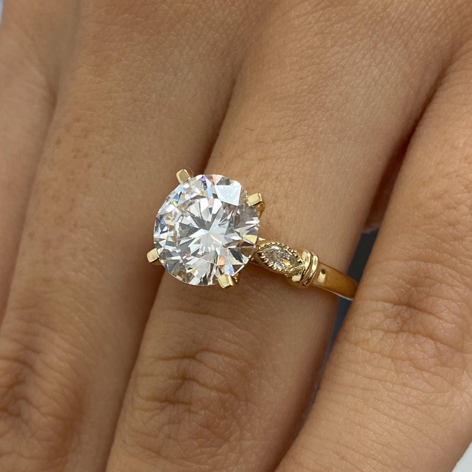 4.25Ct Round Cut Moissanite Diamond Engagement Ring, Marquise Cut Elongated Ring