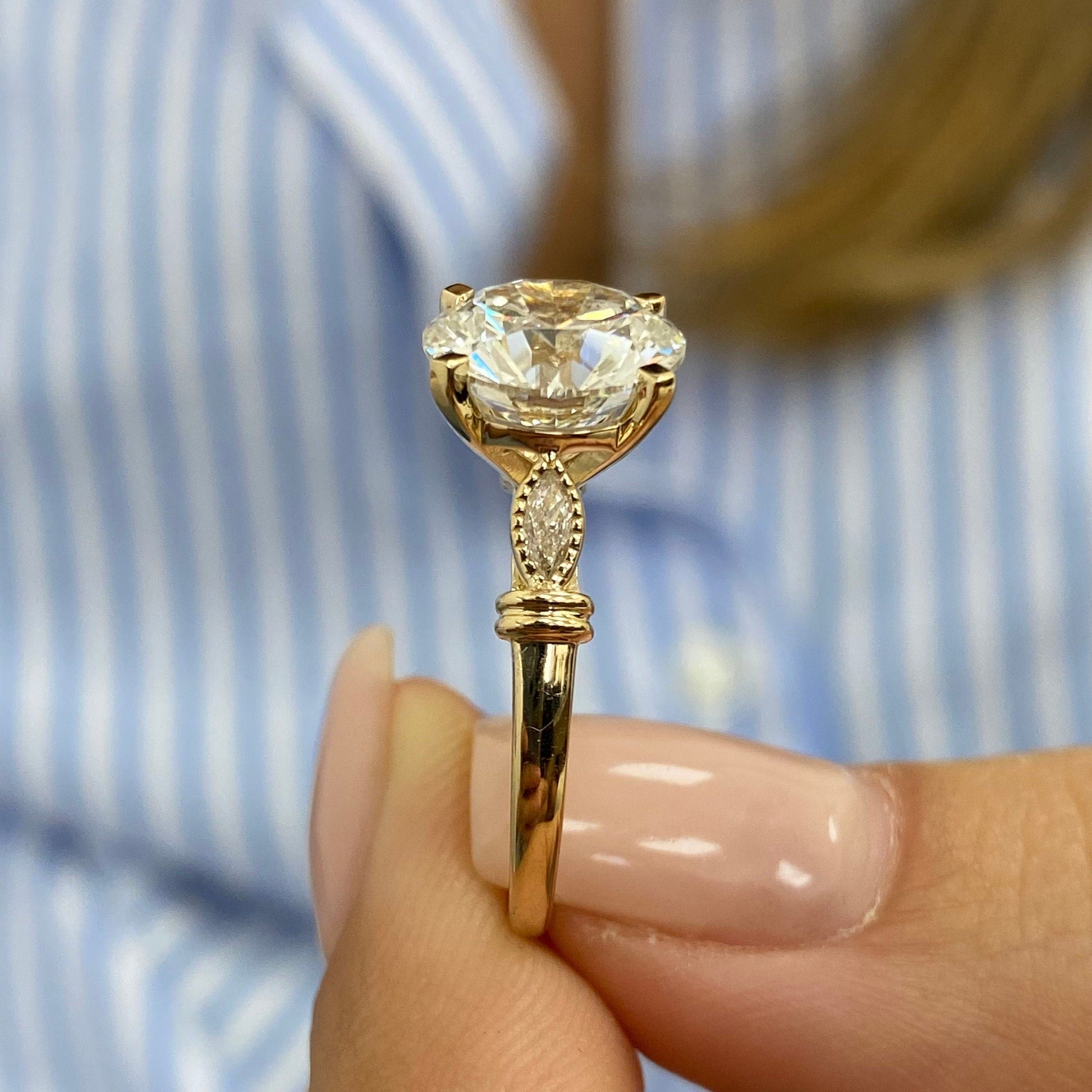 4.25Ct Round Cut Moissanite Diamond Engagement Ring, Marquise Cut Elongated Ring