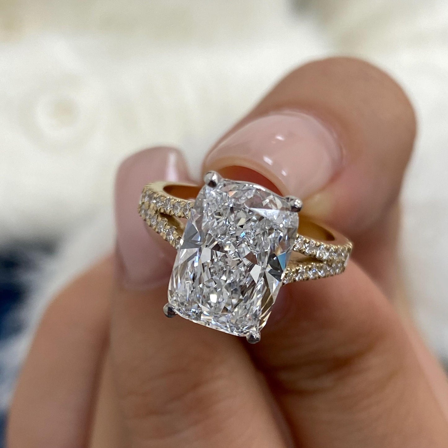 4.35 Ct Cushion Cut Lab Grown Elongated Diamond Split Shank Engagement Ring