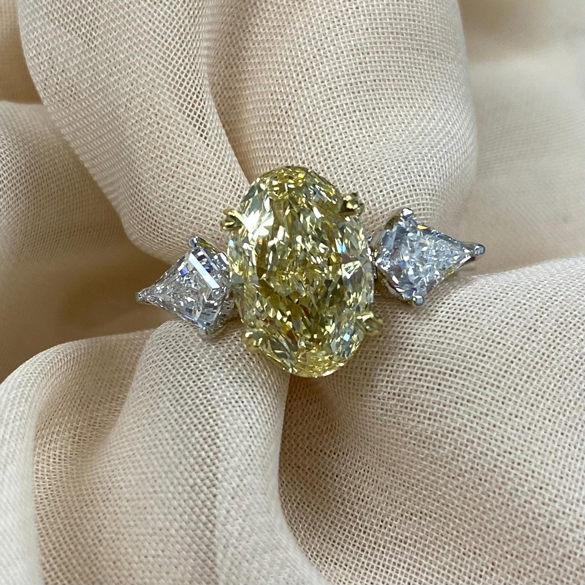 4.40CTW Intense Yellow Oval Cut Lab Grown Diamond 3 Stone Hidden Halo Engagement Ring