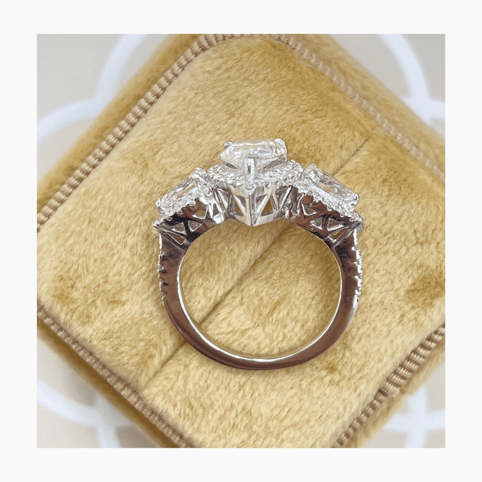 4.40 Ct Pear Cut Moissanite Diamond Halo Set Three Stone Engagement Ring