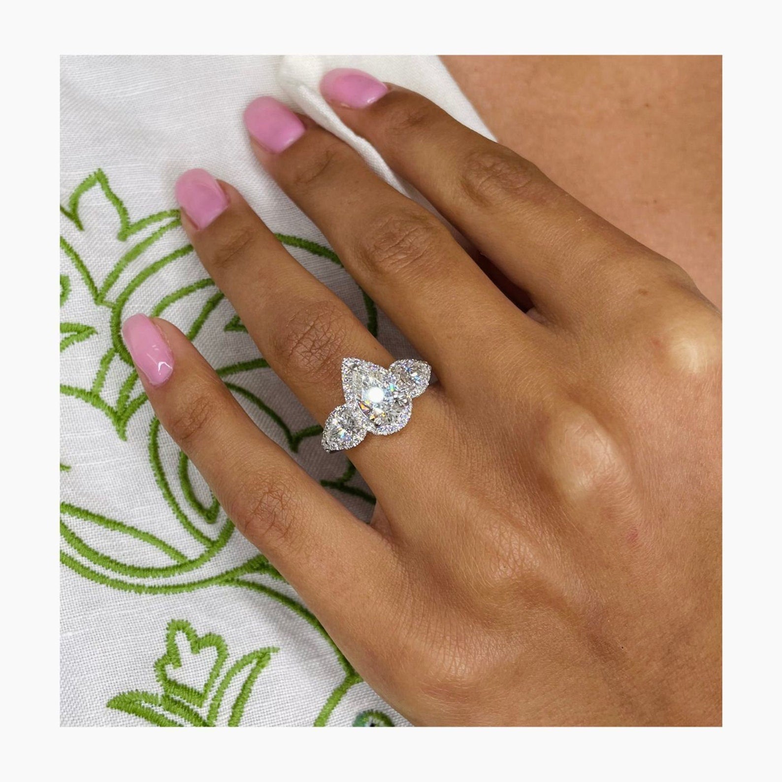 4.40 Ct Pear Cut Moissanite Diamond Halo Set Three Stone Engagement Ring