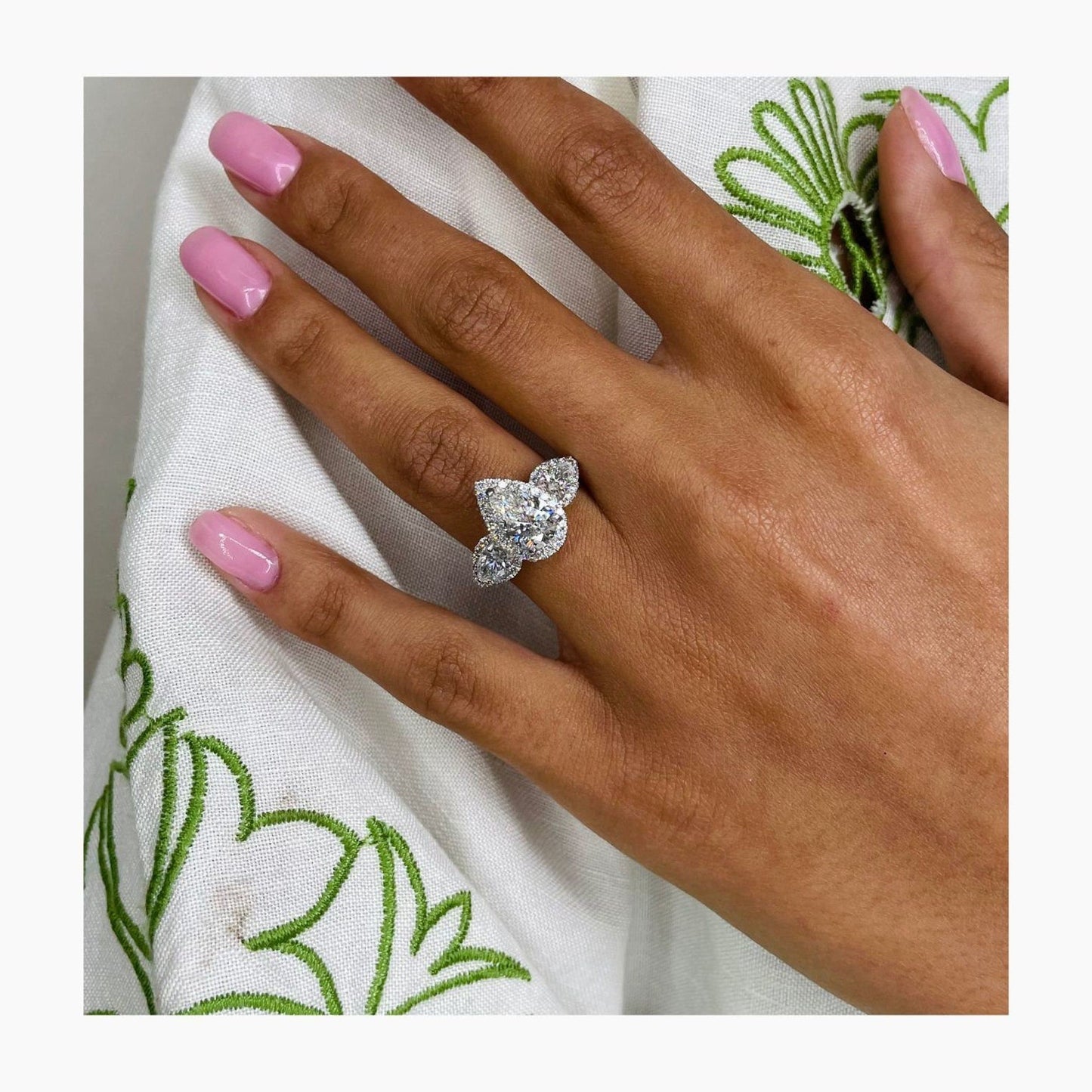 4.40 Ct Pear Cut Moissanite Diamond Halo Set Three Stone Engagement Ring