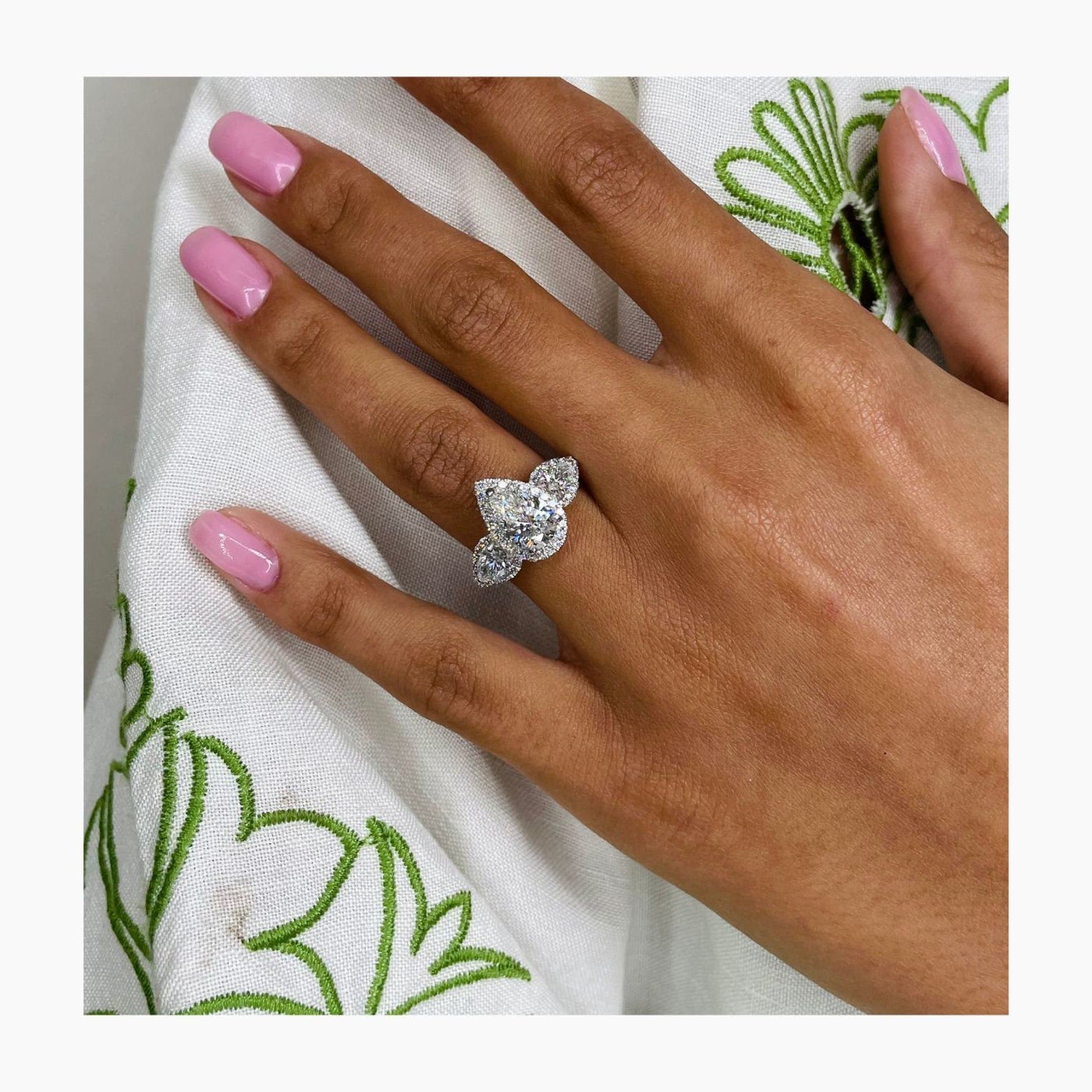 4.40 Ct Pear Cut Moissanite Diamond Halo Set Three Stone Engagement Ring